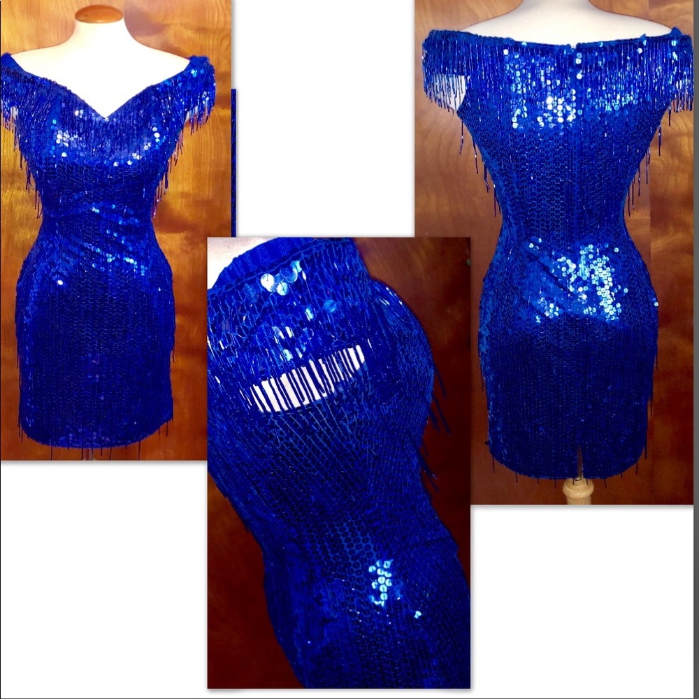NADINE PETITE•ROYAL BLUE BEADED SEQUIN DRESS - Picture 4 of 7